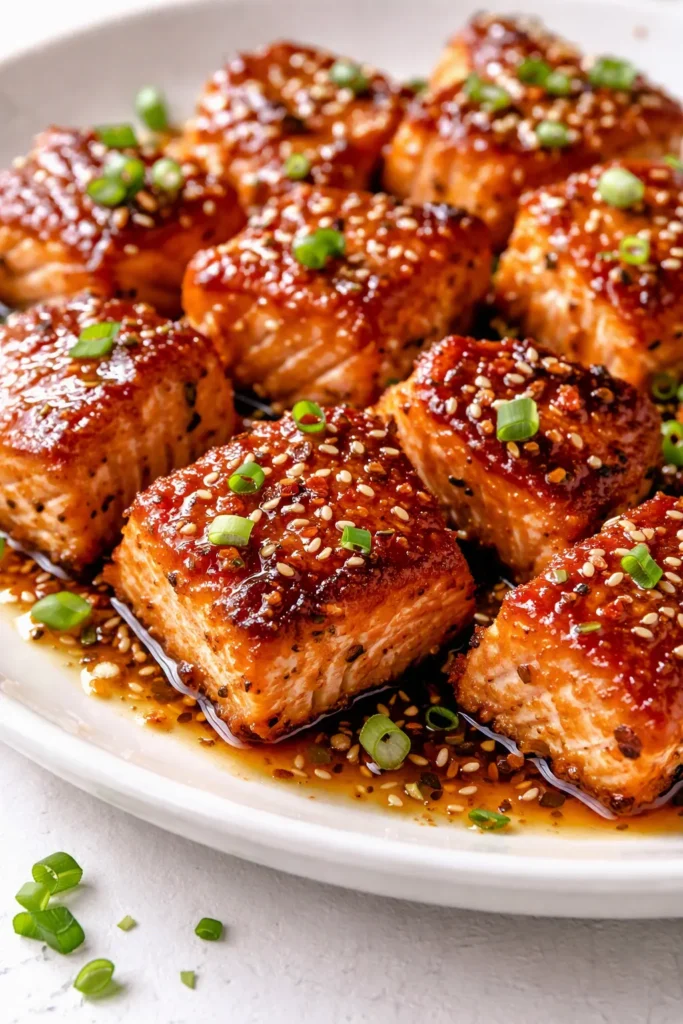 Golden crispy honey garlic salmon bites glazed in glossy sauce, garnished with sesame seeds and green onion.