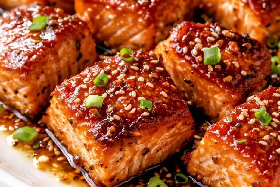 Golden crispy honey garlic salmon bites glazed in glossy sauce, garnished with sesame seeds and green onion.
