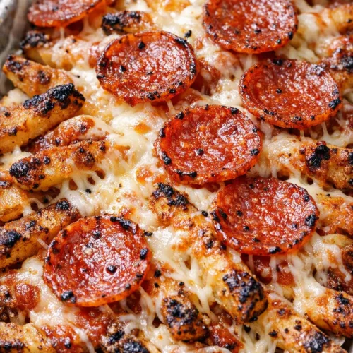 Crispy pizza fries with golden crunchy edges, topped with bubbling mozzarella, pepperoni, and red marinara sauce