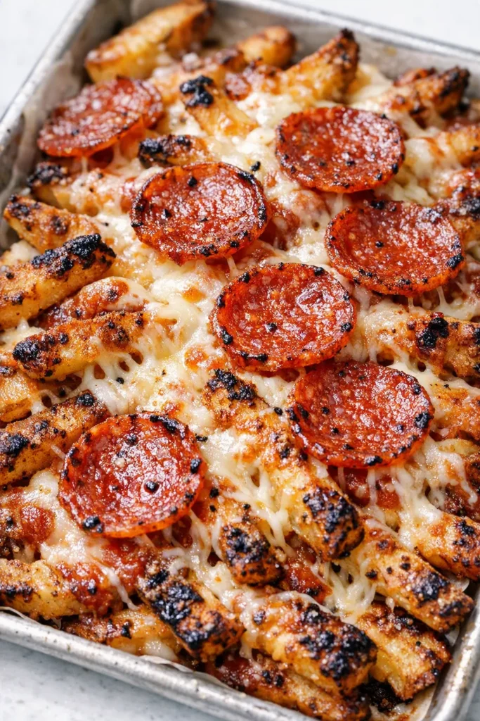 Crispy pizza fries with golden crunchy edges, topped with bubbling mozzarella, pepperoni, and red marinara sauce