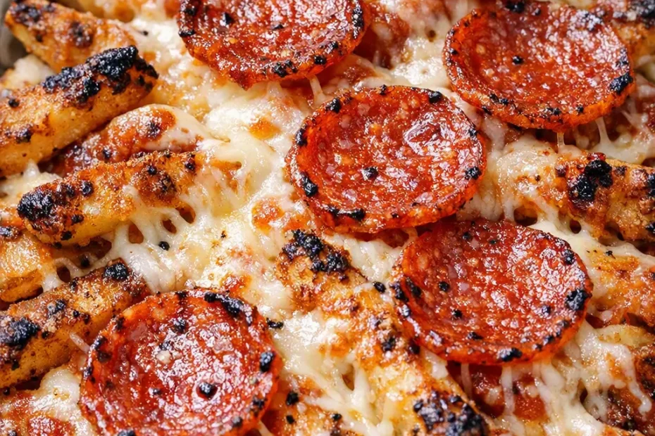 Crispy pizza fries with golden crunchy edges, topped with bubbling mozzarella, pepperoni, and red marinara sauce