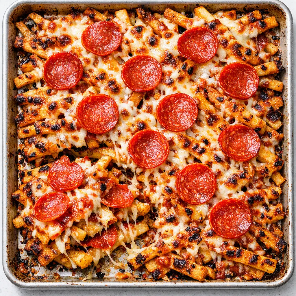 Golden crispy pizza fries topped with bubbling melted cheese, pepperoni, and a fork lifting a cheesy, crunchy fry.