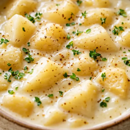 Creamy crock pot potato soup topped with golden melted cheddar cheese and fresh chives.