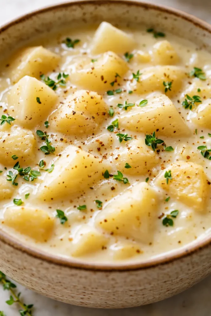 Creamy crock pot potato soup topped with golden melted cheddar cheese and fresh chives.