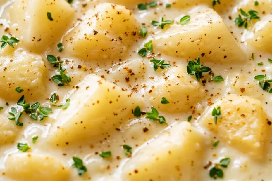 Creamy crock pot potato soup topped with golden melted cheddar cheese and fresh chives.