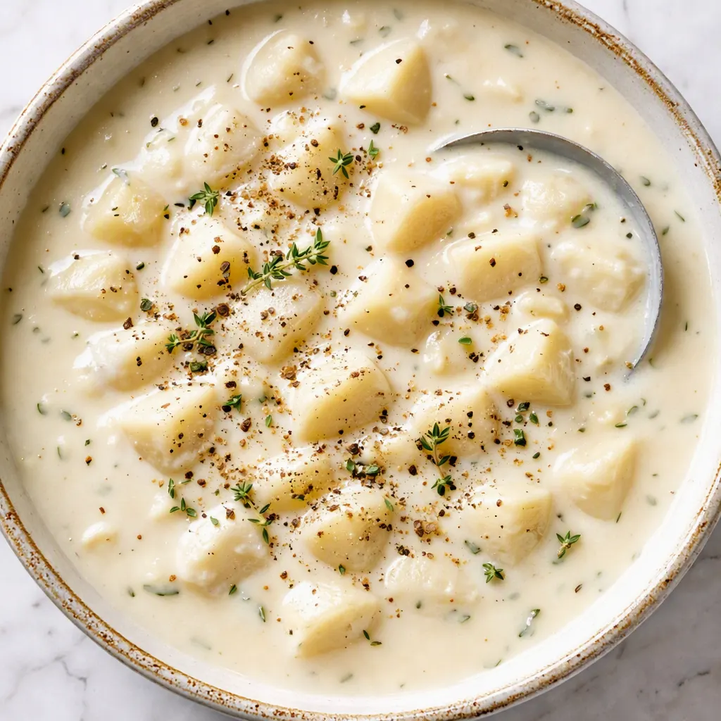 Creamy cheesy crock pot potato soup being stirred in a slow cooker, revealing smooth texture and golden color with tender potato chunks.