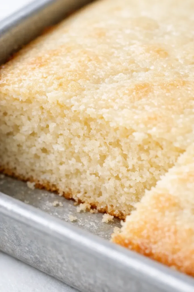 Fluffy vanilla sheet cake with golden-brown edges and creamy white frosting, soft buttermilk crumb visible on a slice.