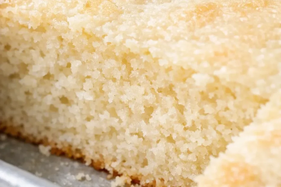 Fluffy vanilla sheet cake with golden-brown edges and creamy white frosting, soft buttermilk crumb visible on a slice.