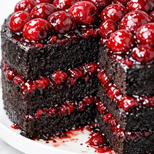 Slice of Black Forest cake with dark chocolate sponge, whipped cream, and sour cherries, topped with chocolate shavings.