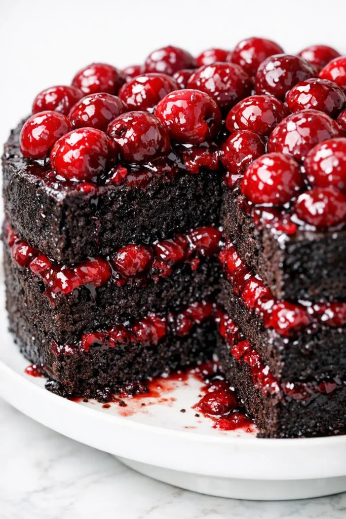 Slice of Black Forest cake with dark chocolate sponge, whipped cream, and sour cherries, topped with chocolate shavings.