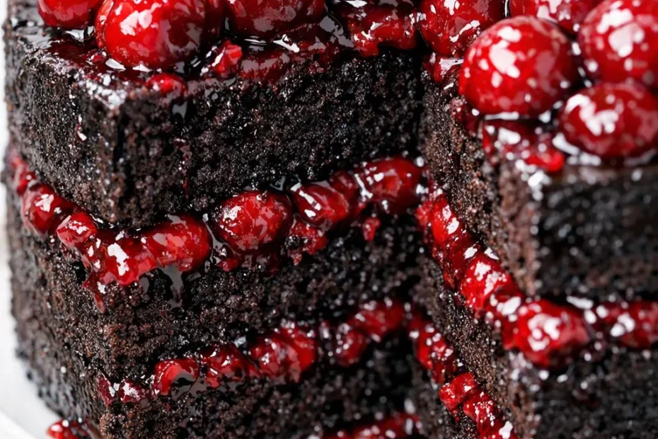 Slice of Black Forest cake with dark chocolate sponge, whipped cream, and sour cherries, topped with chocolate shavings.