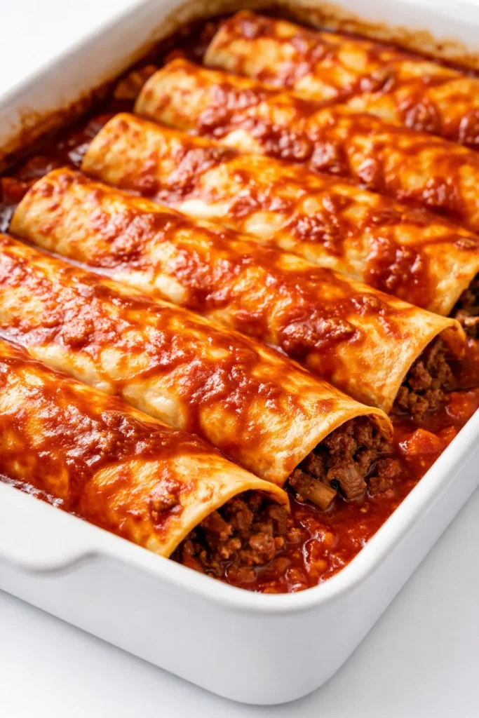 Ground beef enchiladas with bubbly melted cheese, rich red sauce, and golden-brown edges, garnished with fresh cilantro.