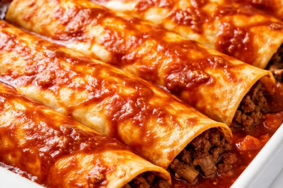 Ground beef enchiladas with bubbly melted cheese, rich red sauce, and golden-brown edges, garnished with fresh cilantro.
