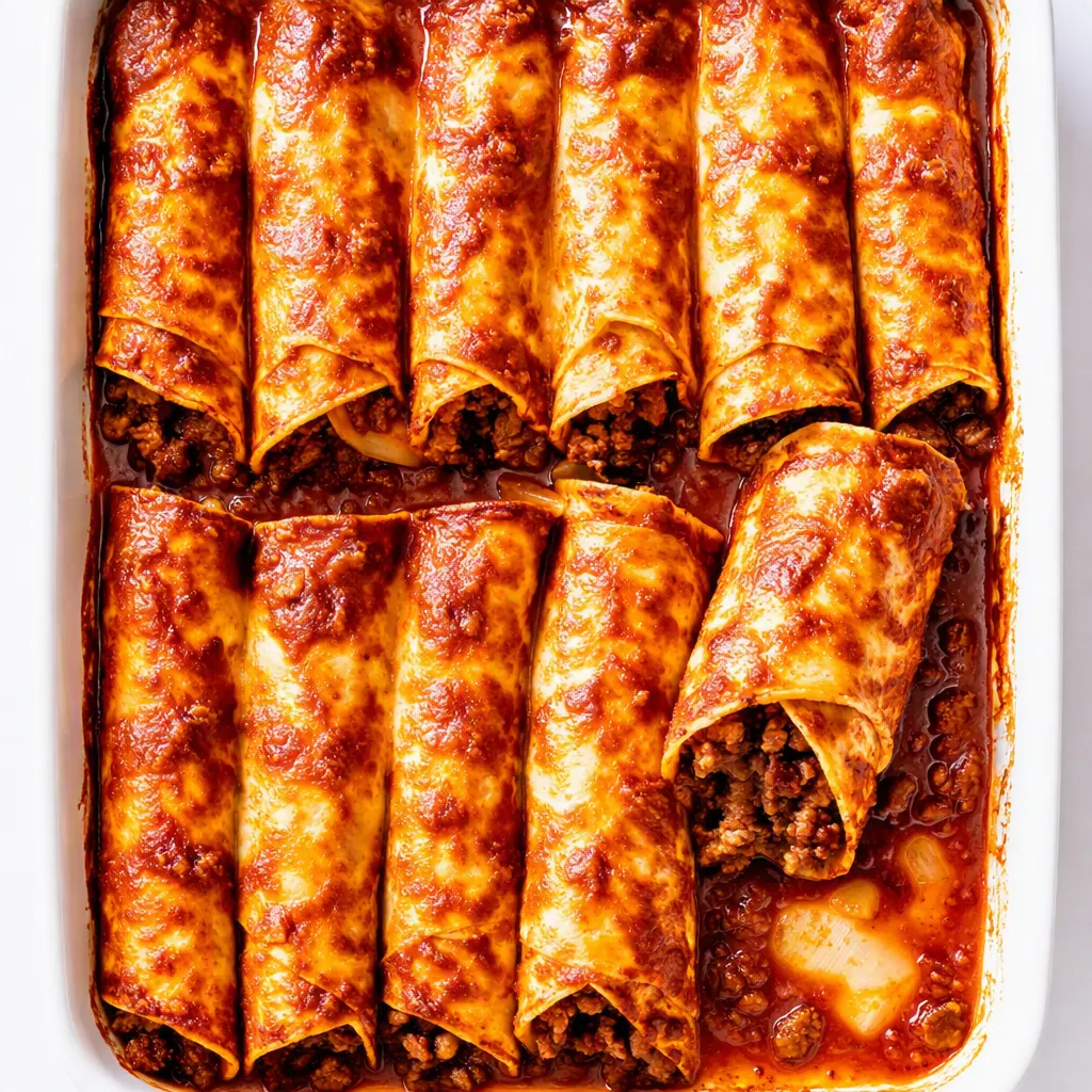Hands rolling seasoned ground beef and cheese into corn tortillas in a baking dish, topped with red enchilada sauce and more shredded cheese before baking.