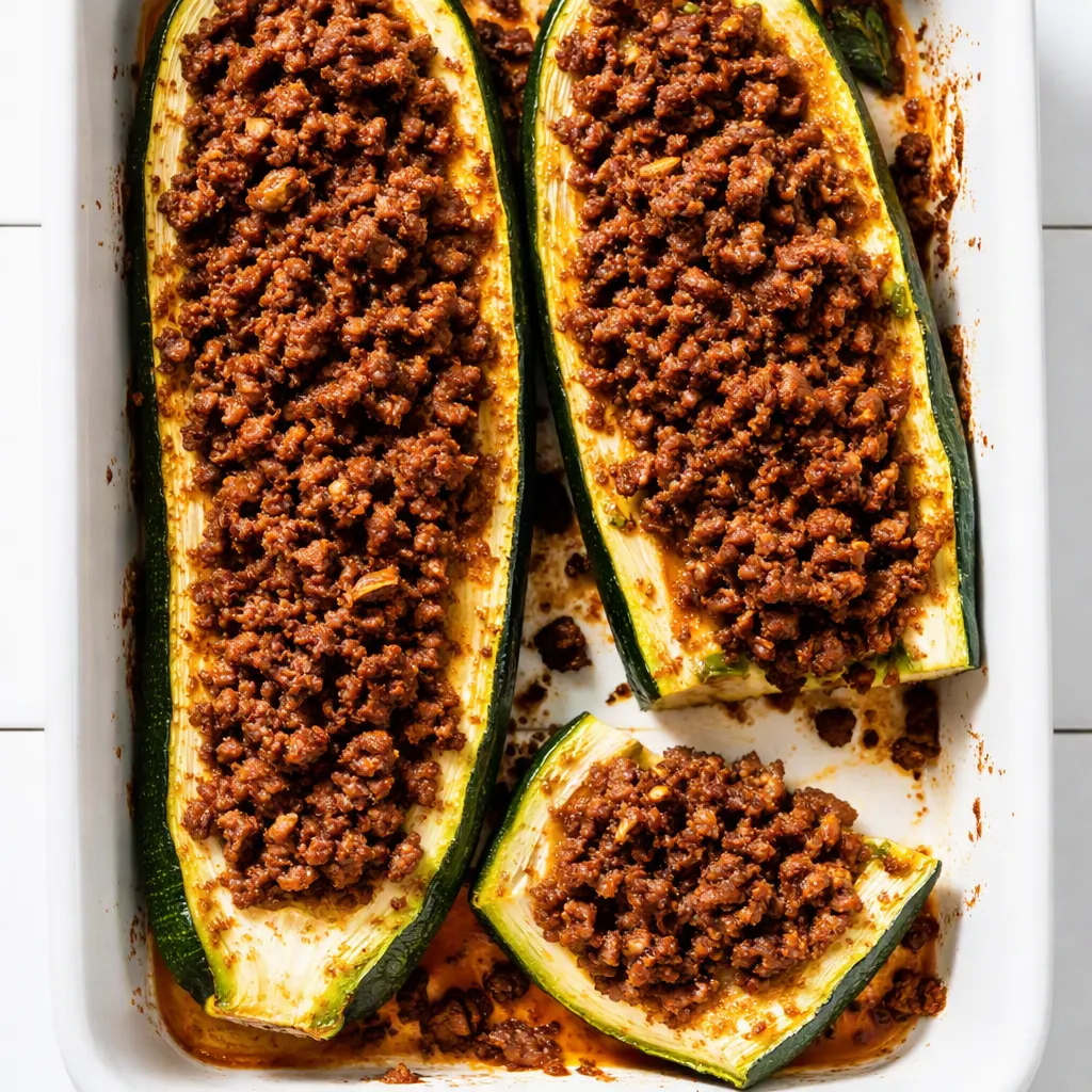 Ground beef zucchini boats topped with melted cheese and fresh herbs, golden and crisp on a baking sheet.