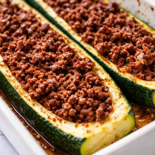 Ground beef zucchini boats with melted cheese and golden meat, crisp tender green zucchini, fresh herbs