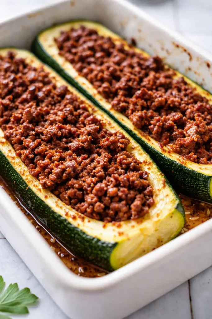 Ground beef zucchini boats with melted cheese and golden meat, crisp tender green zucchini, fresh herbs