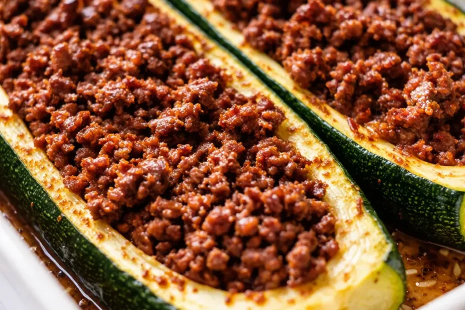 Ground beef zucchini boats with melted cheese and golden meat, crisp tender green zucchini, fresh herbs