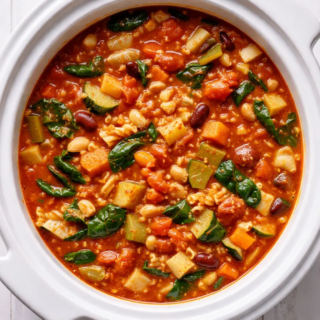 Adding chopped celery, carrots, and greens to the slow cooker for hearty slow cooker minestrone, colorful broth and fresh herbs visible.
