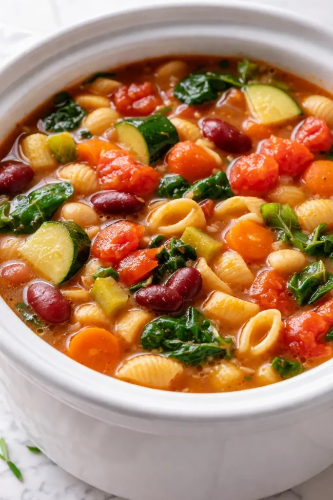 Hearty slow cooker minestrone in a rustic bowl, chunky vegetables and tender beans in rich red broth, topped with fresh basil and Parmesan.