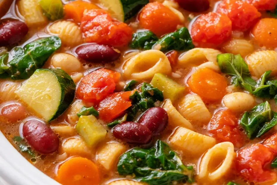 Hearty slow cooker minestrone in a rustic bowl, chunky vegetables and tender beans in rich red broth, topped with fresh basil and Parmesan.