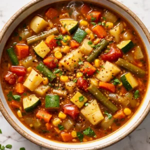 Hearty vegetable soup with chunky carrots, celery, and tomatoes, colorful and steaming in a rustic bowl.