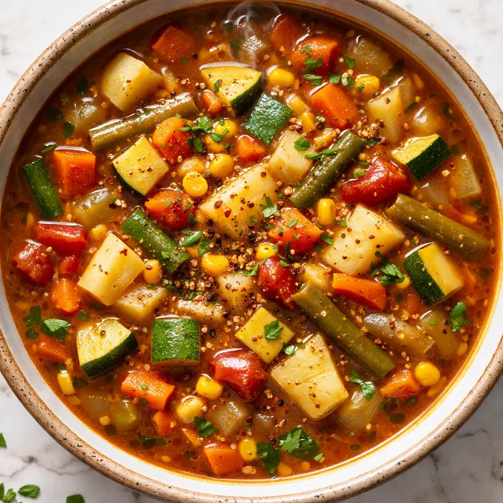 Hearty vegetable soup with chunky carrots, celery, and tomatoes, colorful and steaming in a rustic bowl.