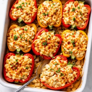 High-protein stuffed bell peppers with turkey and quinoa, vibrant red and green peppers filled with savory mixture, melted cheese.
