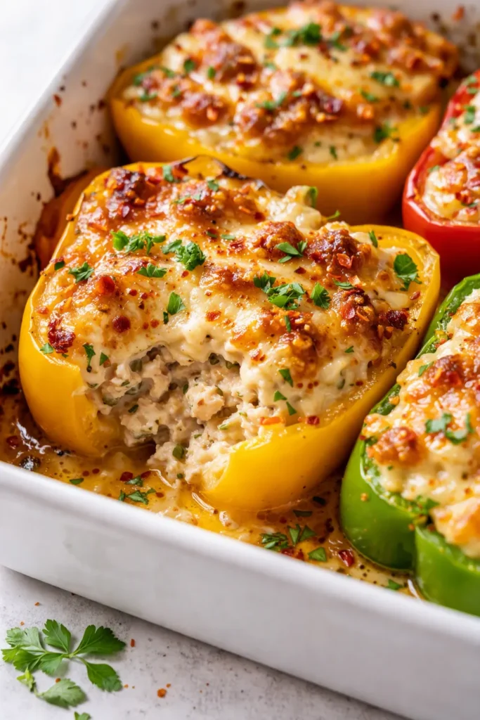 High-protein stuffed bell peppers with melted cheese and fresh herbs, firm red bell peppers holding savory filling.