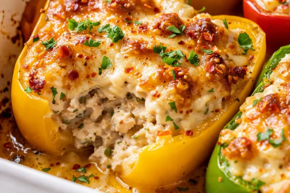 High-protein stuffed bell peppers with melted cheese and fresh herbs, firm red bell peppers holding savory filling.