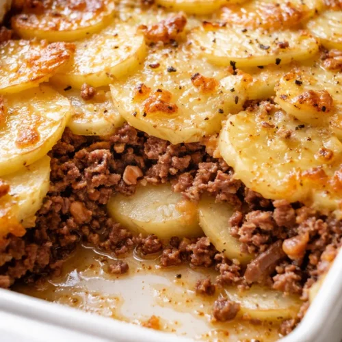 Hobo casserole in a baking dish with seasoned ground beef, tender potato slices, and a golden melted cheese top, bubbling and hot.