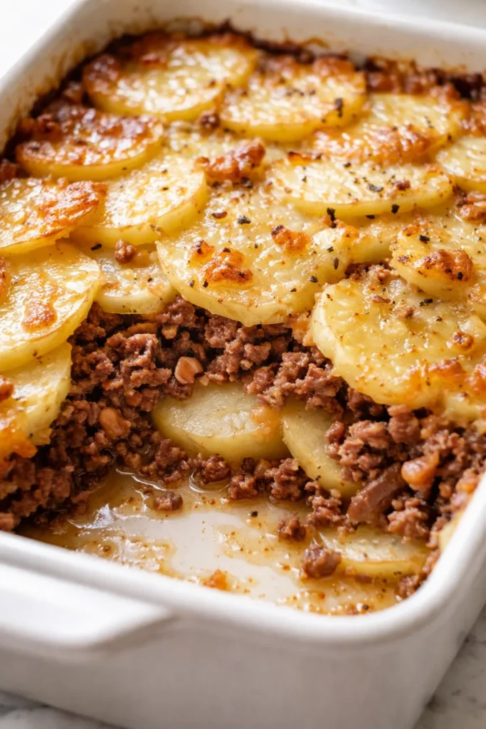 Hobo casserole in a baking dish with seasoned ground beef, tender potato slices, and a golden melted cheese top, bubbling and hot.