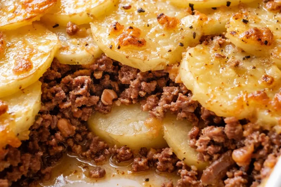 Hobo casserole in a baking dish with seasoned ground beef, tender potato slices, and a golden melted cheese top, bubbling and hot.
