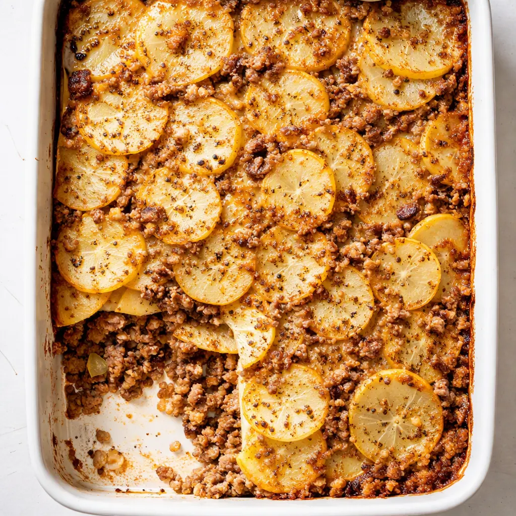 Hobo casserole with browned ground beef, tender potato slices, and a bubbly melted cheese topping in a baking dish.