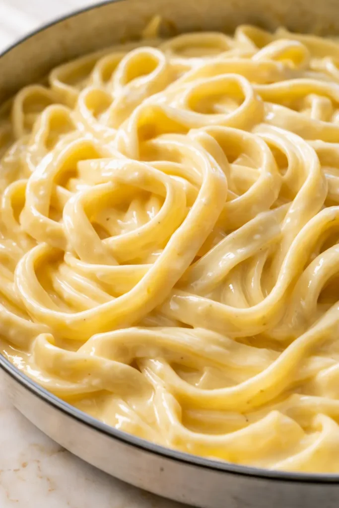 Creamy homemade alfredo sauce tossed with fettuccine pasta, topped with chopped parsley and cracked black pepper.