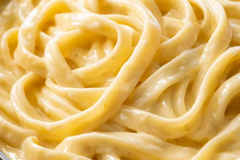 Creamy homemade alfredo sauce tossed with fettuccine pasta, topped with chopped parsley and cracked black pepper.