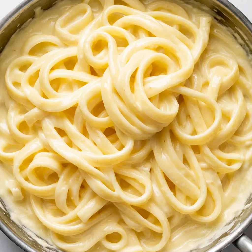 Smooth homemade alfredo sauce simmering in a skillet, showing its glossy, creamy texture and specks of parmesan.