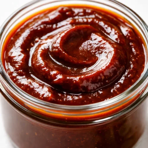 Thick homemade BBQ sauce in a bowl, glossy deep red texture with visible spices and a brush for grilling.