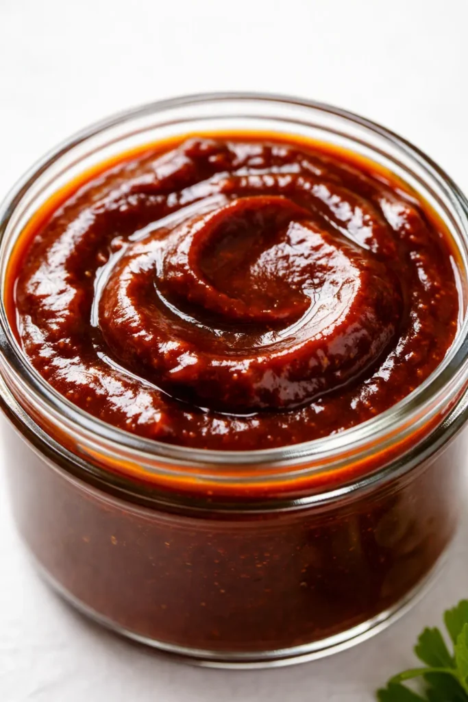 Thick homemade BBQ sauce in a bowl, glossy deep red texture with visible spices and a brush for grilling.