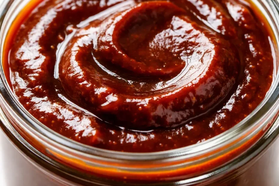 Thick homemade BBQ sauce in a bowl, glossy deep red texture with visible spices and a brush for grilling.