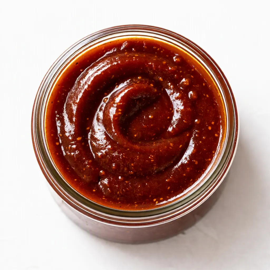 Whisking thick homemade BBQ sauce in a saucepan, glossy red and speckled with spices