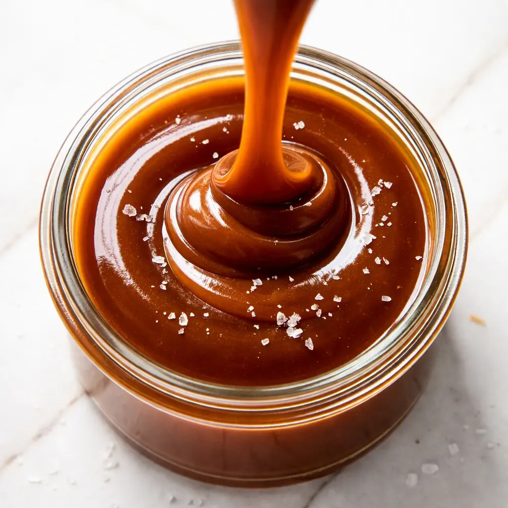 Golden homemade salted caramel swirling in a saucepan, smooth glossy texture with sea salt flakes.