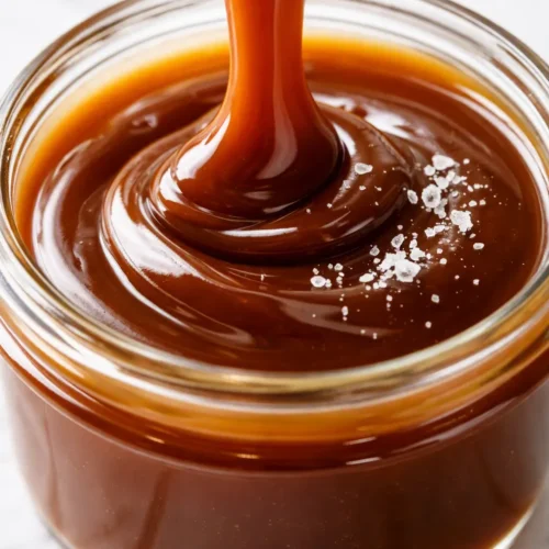 Smooth homemade salted caramel sauce with flaky sea salt, golden amber and glossy, in a glass jar.