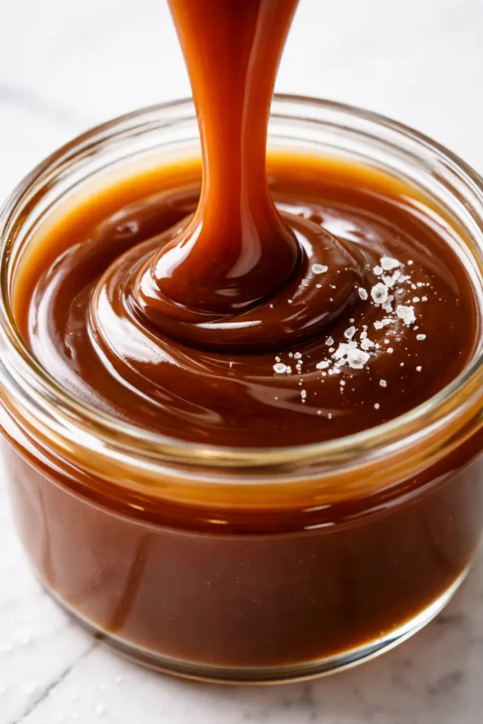 Smooth homemade salted caramel sauce with flaky sea salt, golden amber and glossy, in a glass jar.