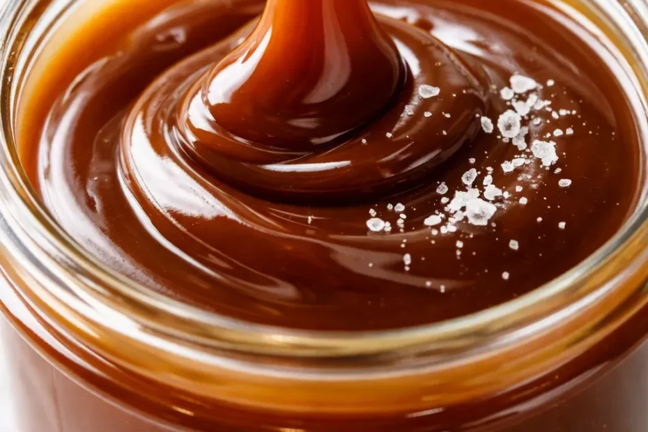 Smooth homemade salted caramel sauce with flaky sea salt, golden amber and glossy, in a glass jar.