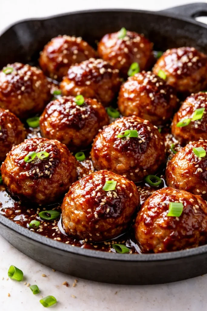 Sticky, caramelized honey garlic meatballs glistening in a bowl, topped with sesame seeds and scallions.