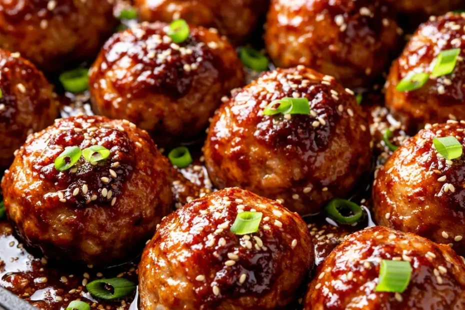 Sticky, caramelized honey garlic meatballs glistening in a bowl, topped with sesame seeds and scallions.