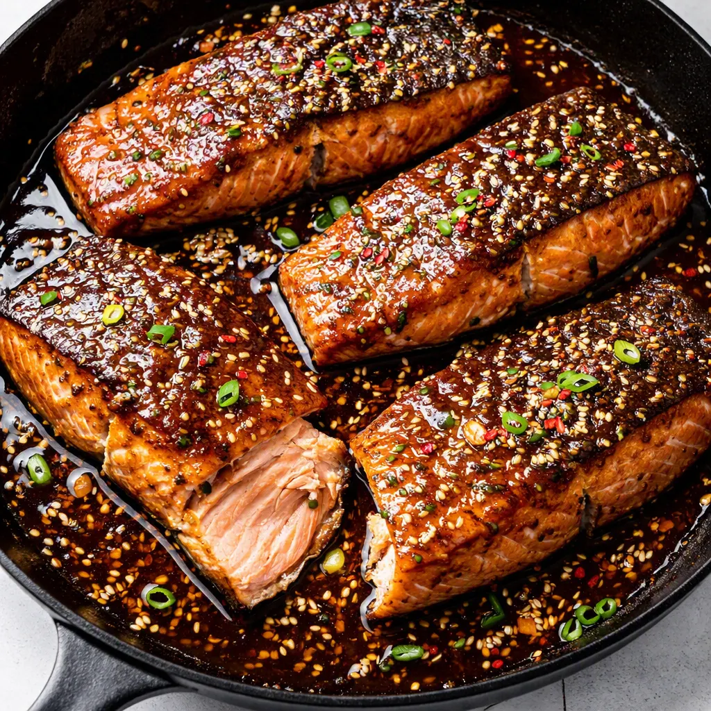 Honey garlic soy glazed salmon fillet being basted with sticky glaze in a hot pan, glossy and caramelized.