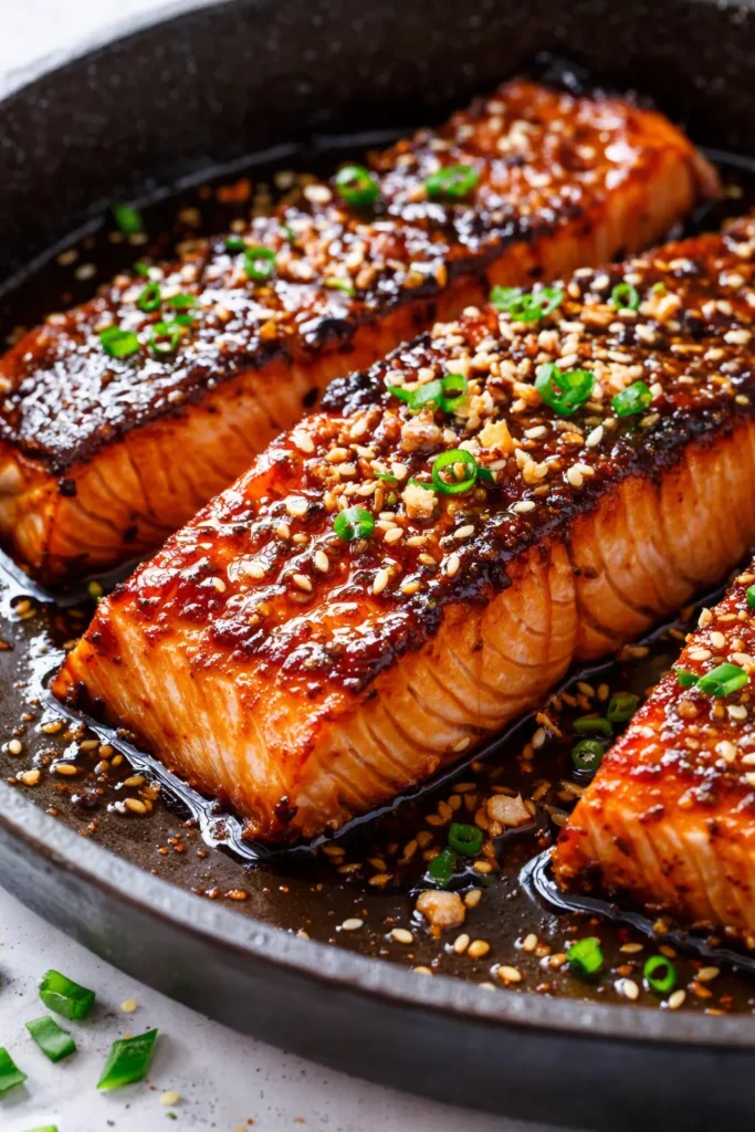 Sticky honey garlic soy glazed salmon fillet with glossy caramelized glaze, garnished with sesame seeds and green onions