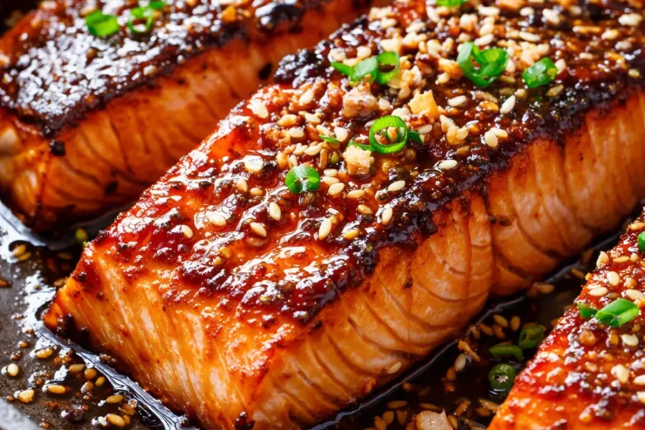 Sticky honey garlic soy glazed salmon fillet with glossy caramelized glaze, garnished with sesame seeds and green onions